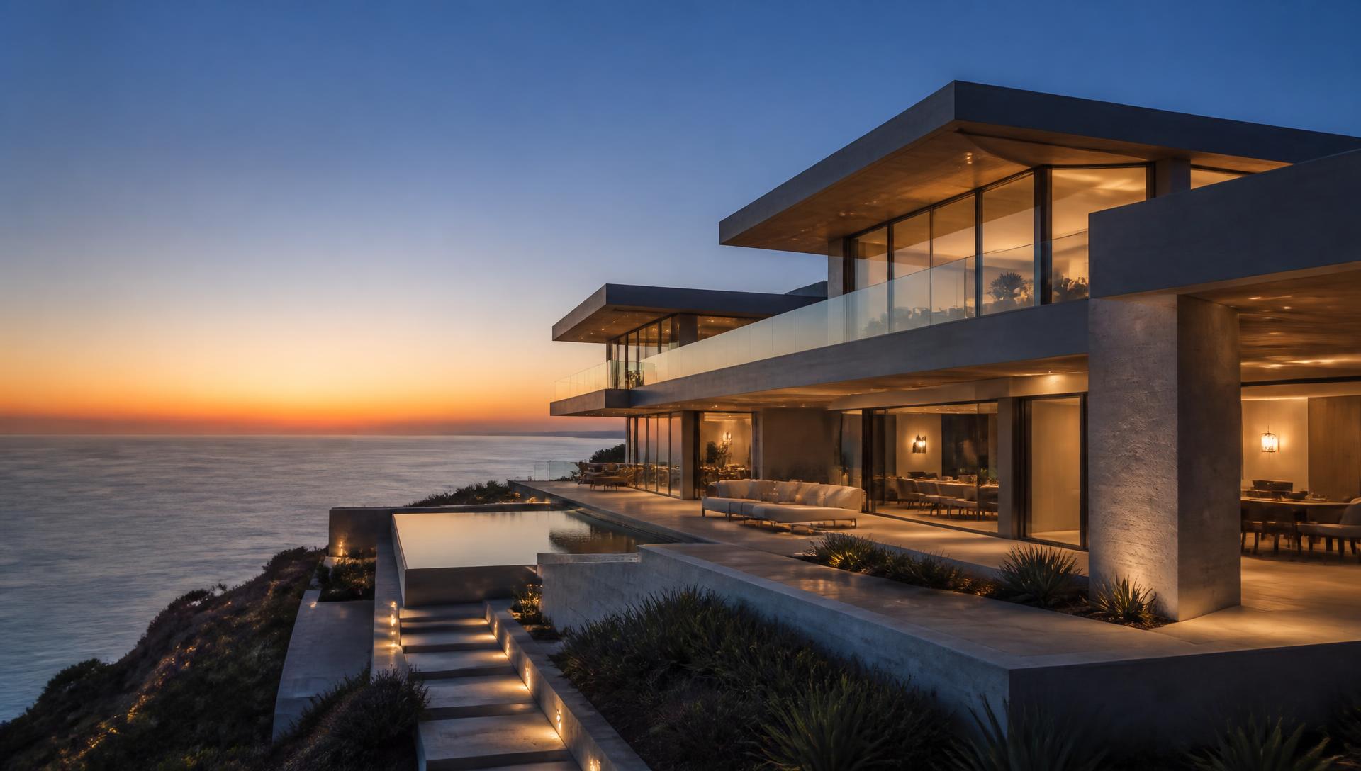 Modern glass and concrete cliffside residence glowing at dusk above the ocean
