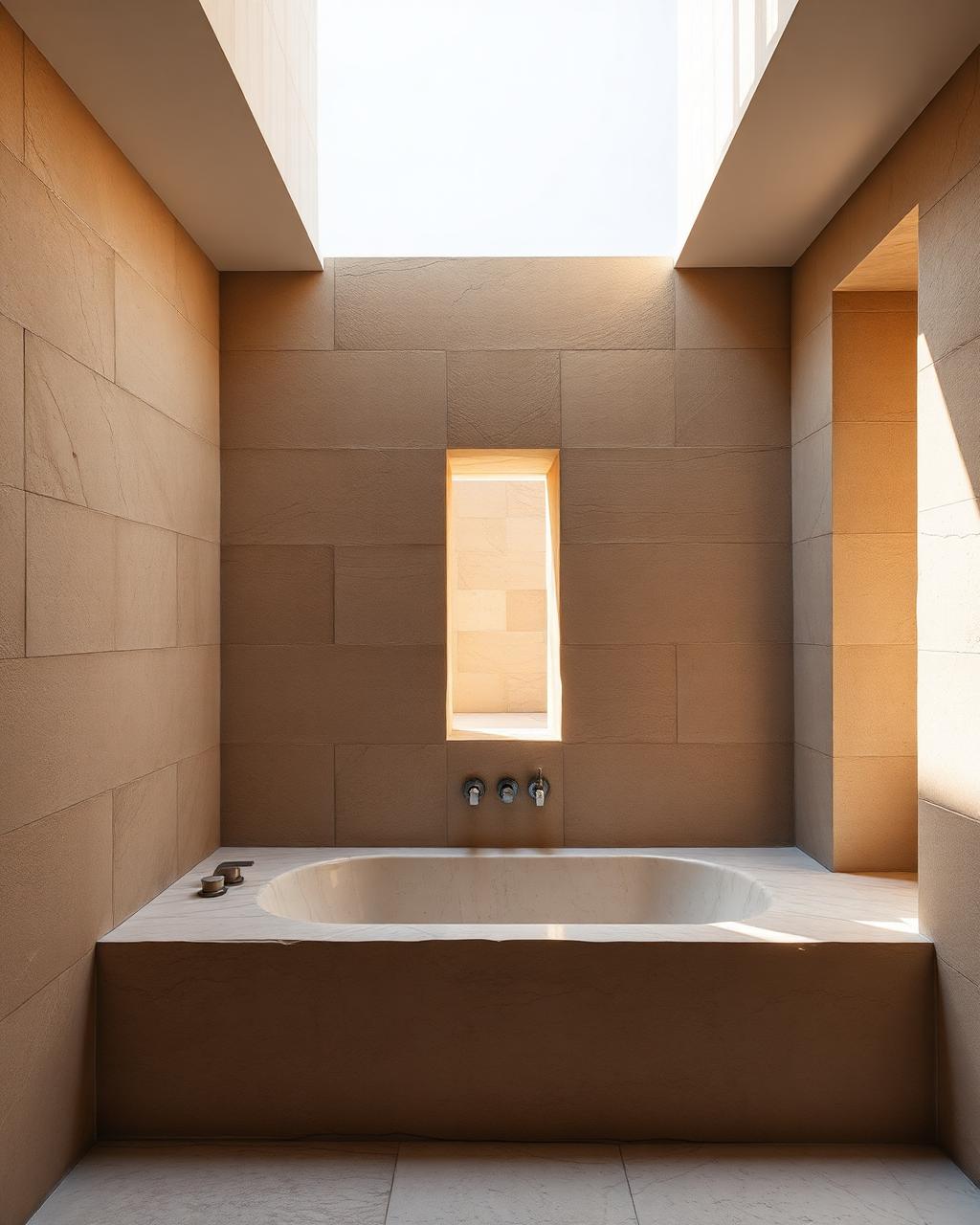 Stone bathroom with a solid travertine bath lit by a slot window