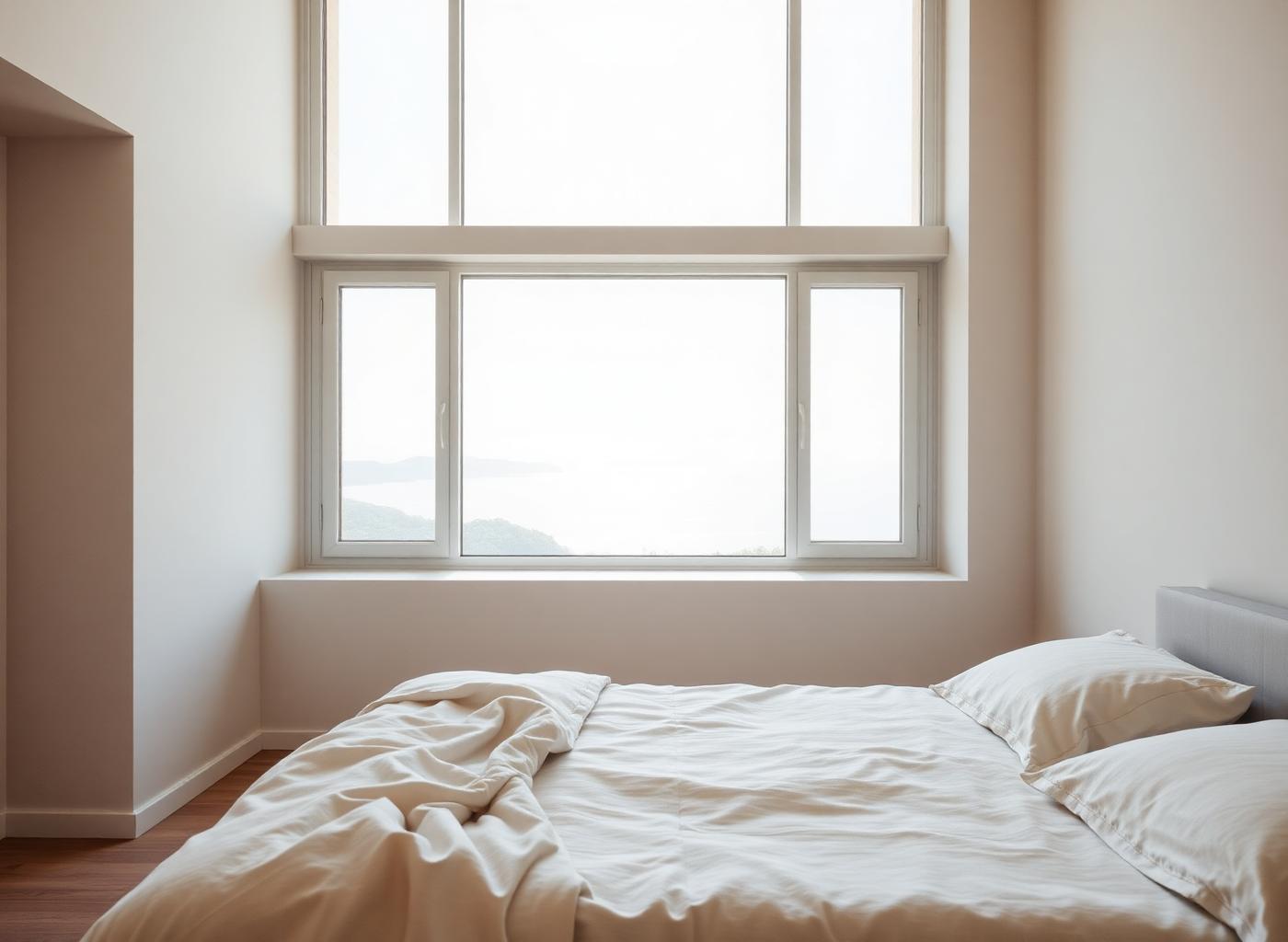 Calm bedroom with linen bedding and a full-height window overlooking the landscape