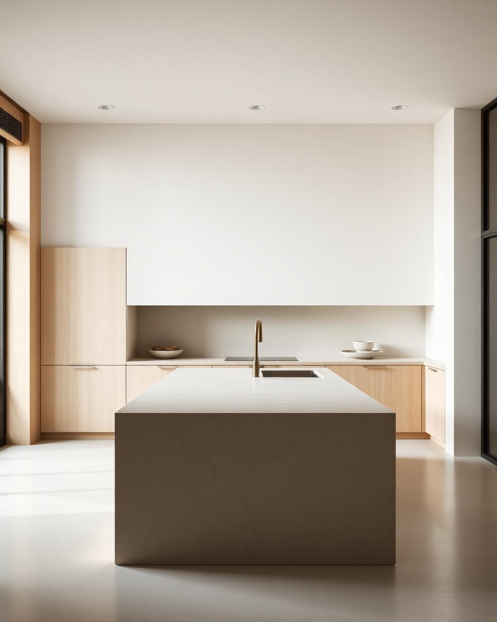 Minimal kitchen with a monolithic stone island and pale oak cabinetry