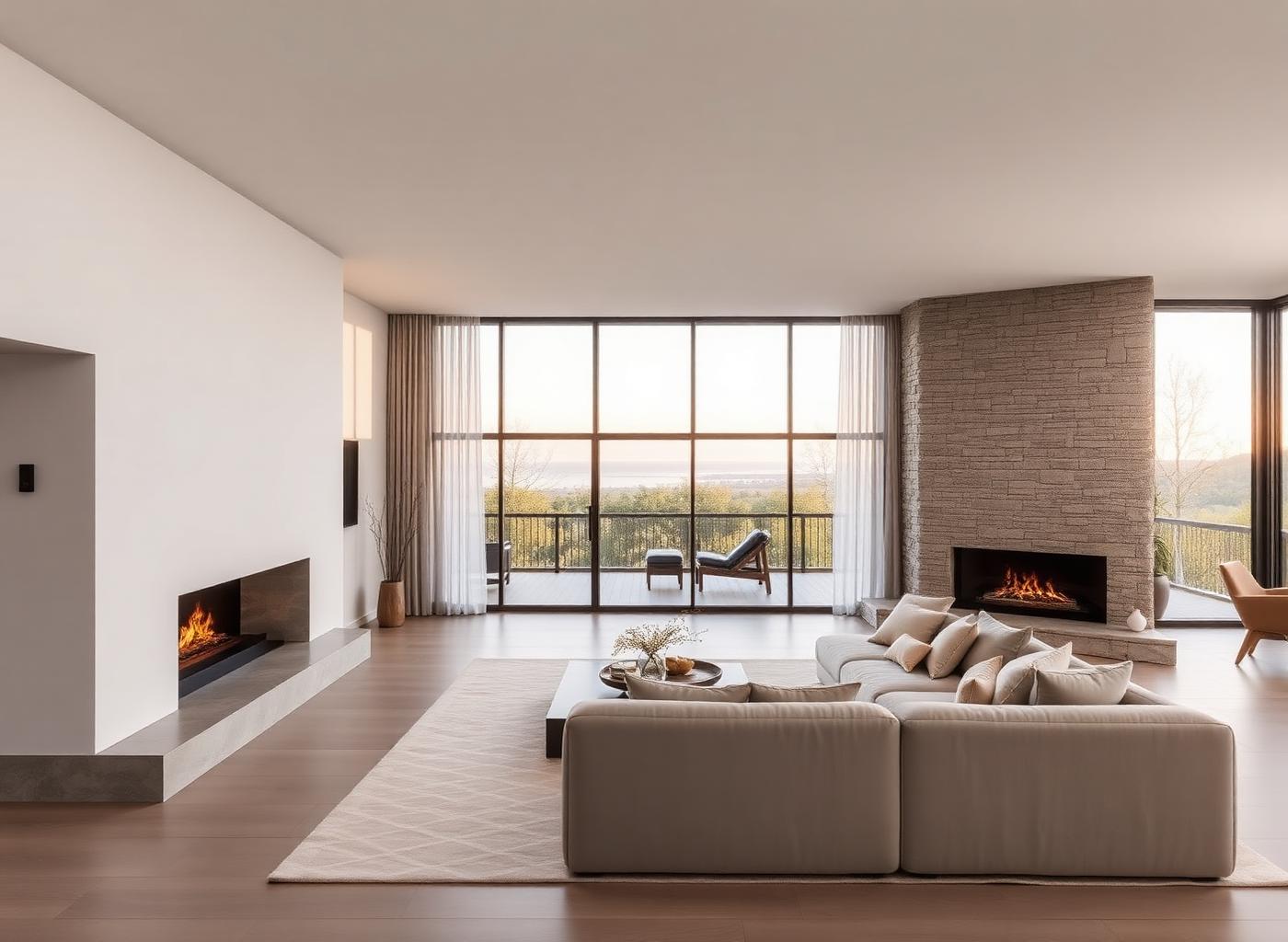 Minimal living room with linen seating, stone fireplace wall and tall glass opening to a terrace