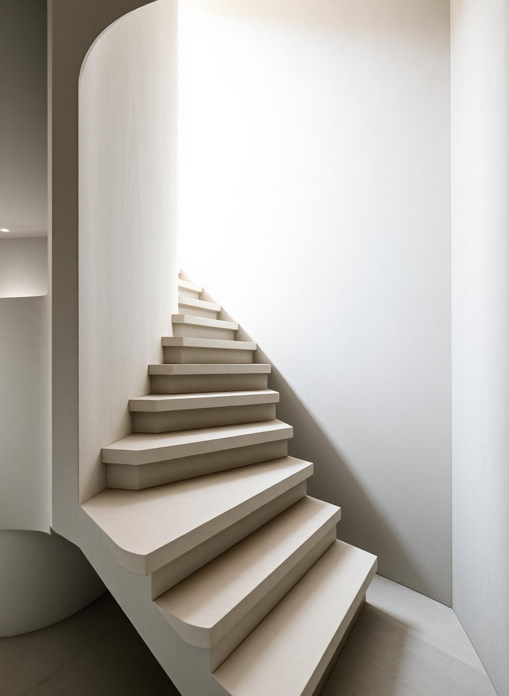 Sculptural cantilevered staircase in pale plaster and concrete