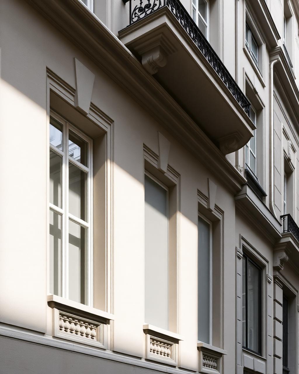 Pale stone urban residential facade in soft directional daylight