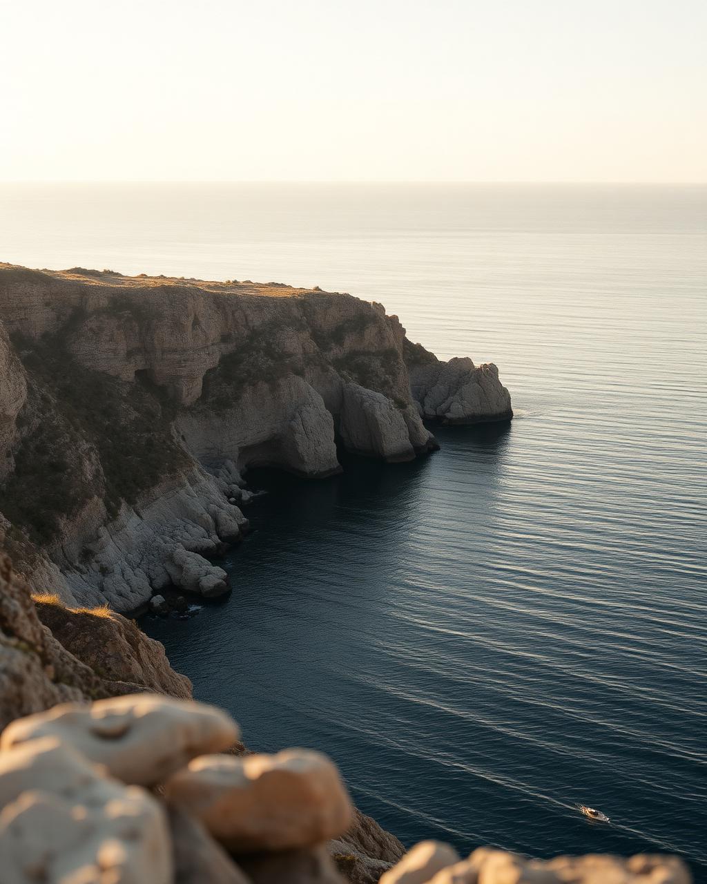 Mediterranean coastline with limestone cliffs and calm sea at soft light