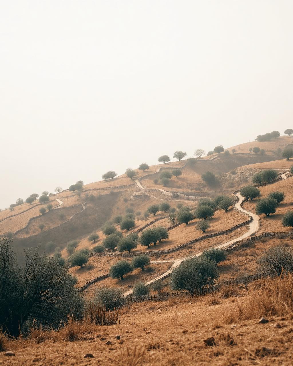 Terraced hillside landscape with olive groves in hazy light