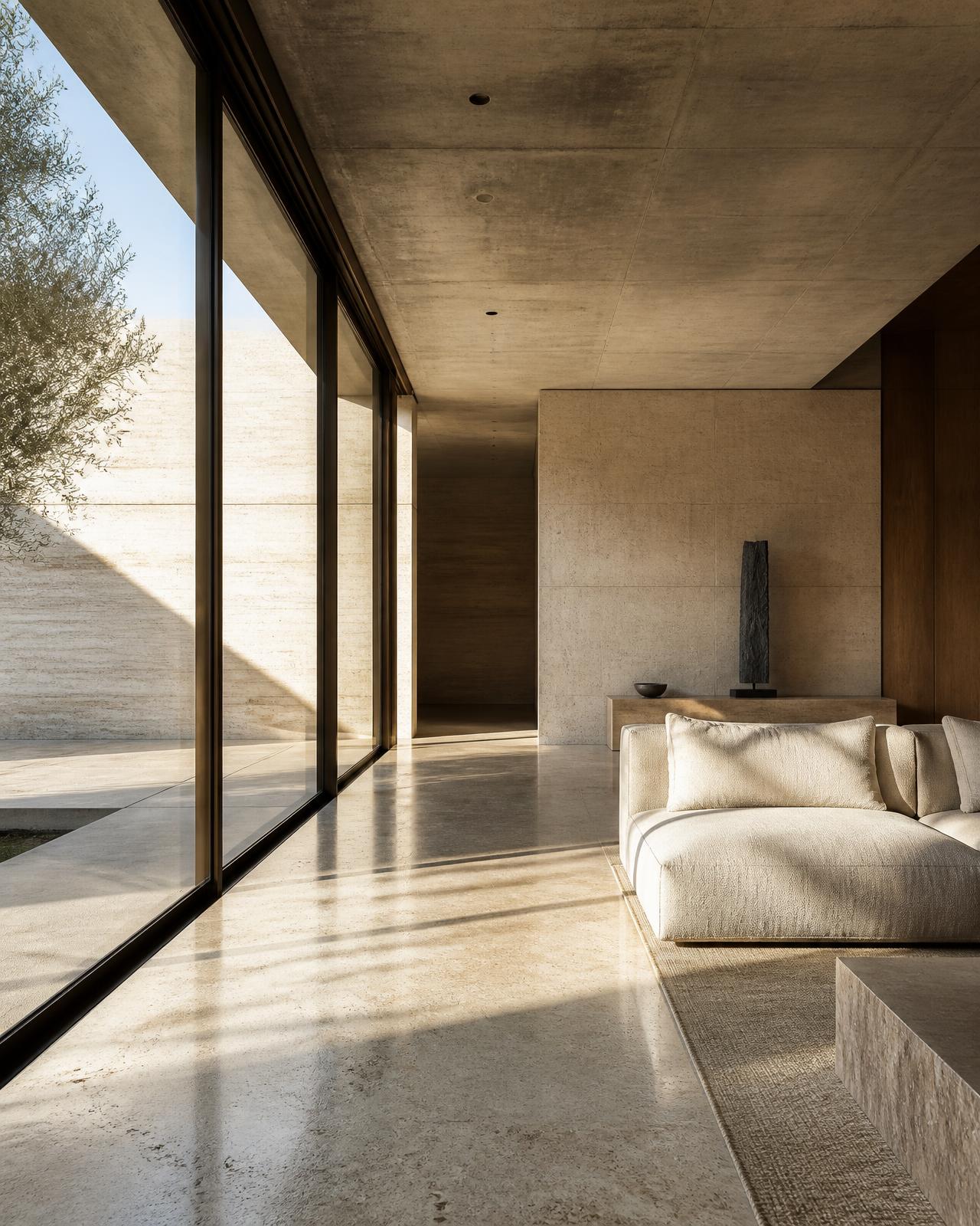 Interior of a minimal residence with a full-height glass wall, concrete ceiling and travertine floor