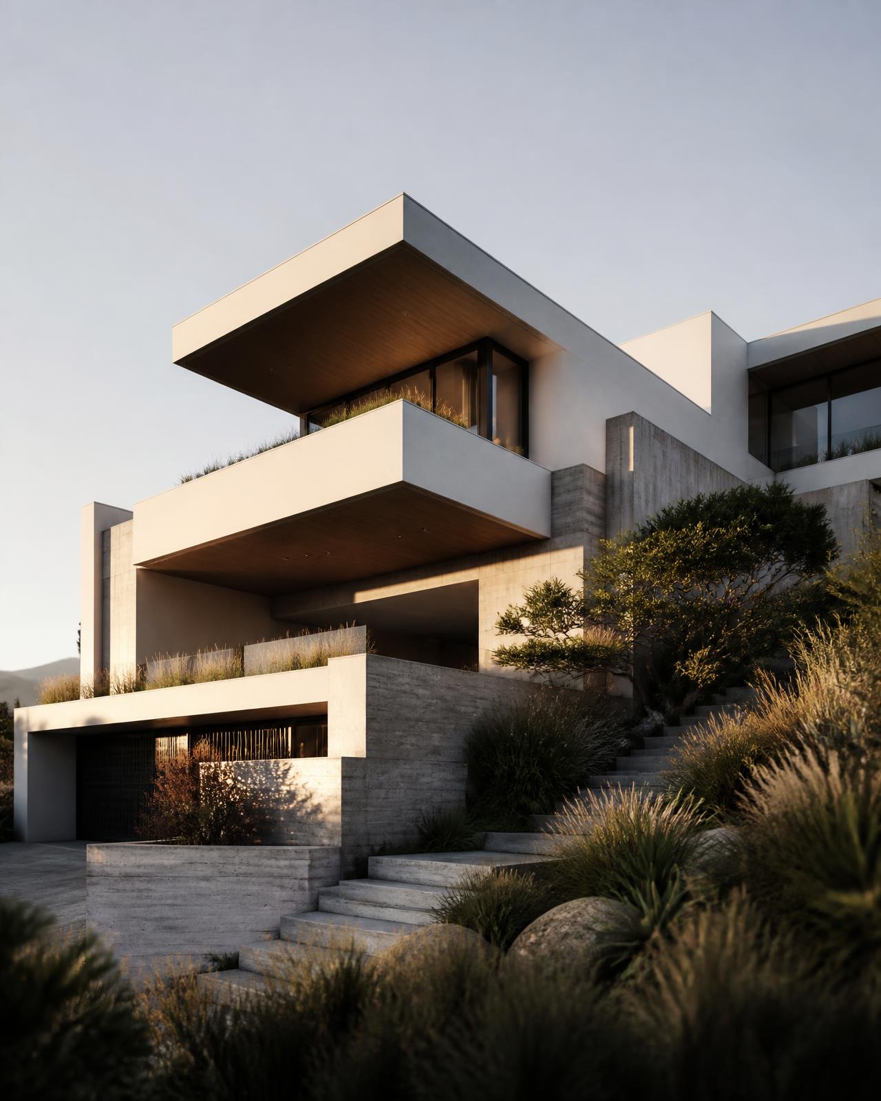 Sculptural modern hillside villa with stacked concrete volumes at dusk